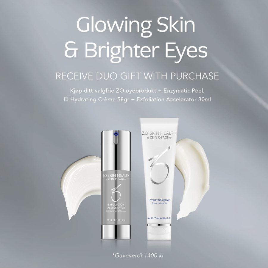 Kjøp et valgfritt ZO øyeprodukt + Enzymatic Peel - få gratis Exfolation Accelerator 30 ml og Hydrating Crème 58 g! Kjøp et valgfritt ZO øyeprodukt + Enzymatic Peel - få gratis Exfolation Accelerator 30 ml og Hydrating Crème 58 g!